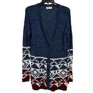 Hollister Southwestern Boyfriend Cardigan Womens Medium Large Blue White Button